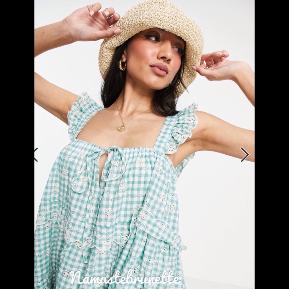 **SOLD***🌻NWOT🌻 Just Me Medium Flowy Green Gingham Embroidered Babydoll Mini - Picture 9 of 17